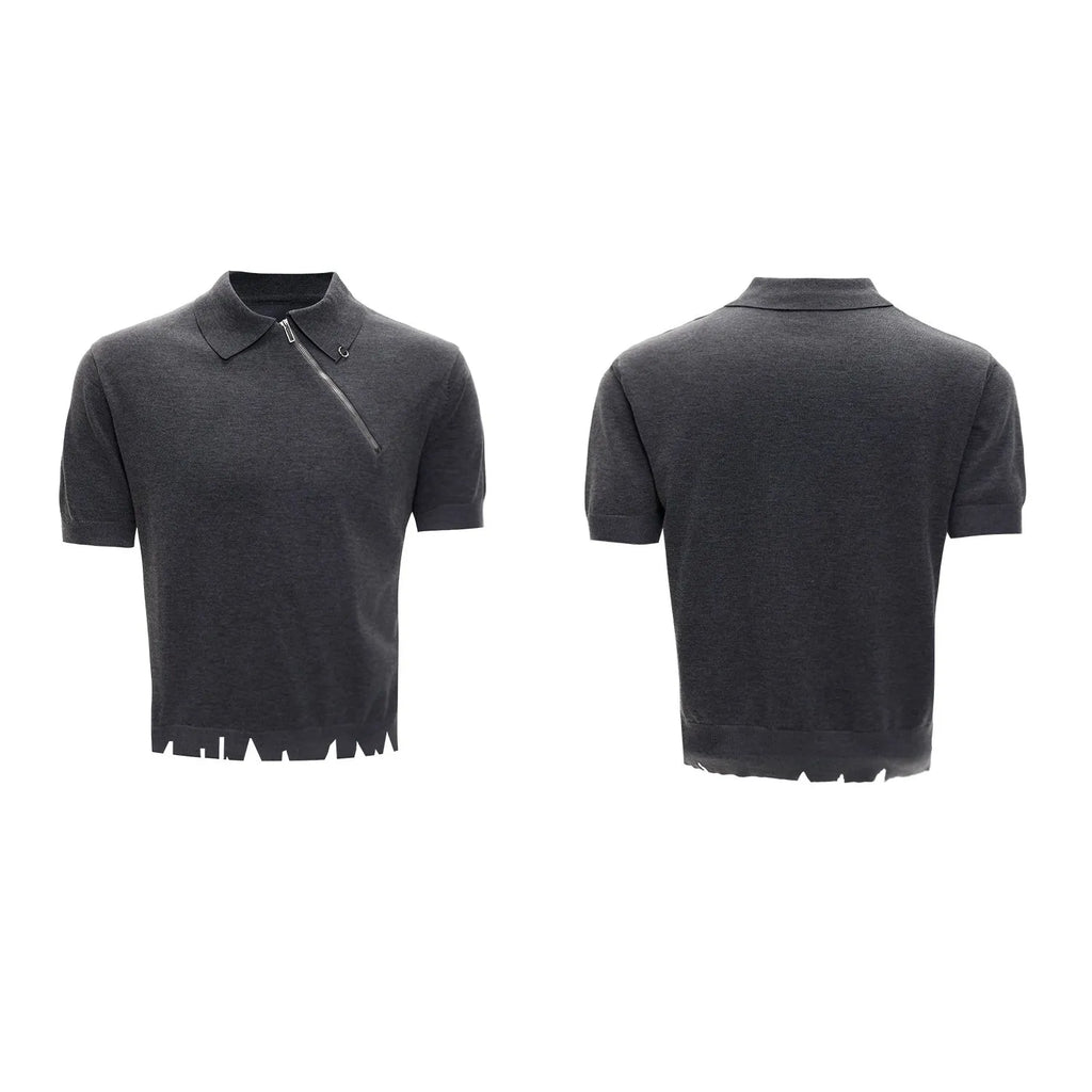 Man wearing a slim-fit black polo shirt with an oblique zip and lapel collar