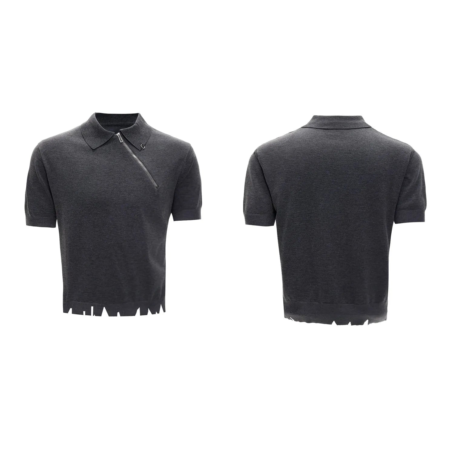 Man wearing a slim-fit black polo shirt with an oblique zip and lapel collar