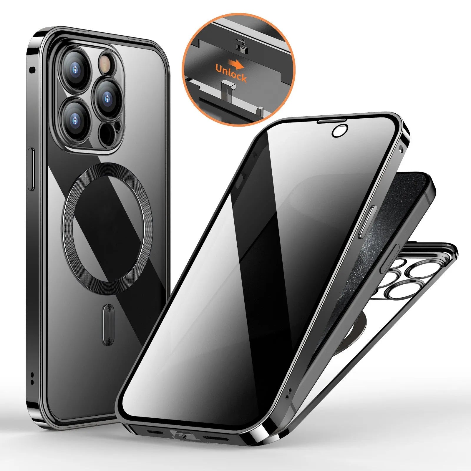 Magnetic snap closure silicone phone case for iPhone, dual-sided lens, anti-peeping screen, gold colour