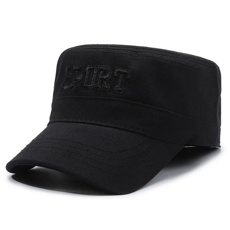 Men's cotton flat-top peaked cap in adjustable size, shown in dark blue army green colour.