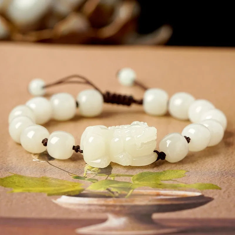 Hetian jade bead bracelet with black and red adjustable braided cord, Chinese style jewellery.