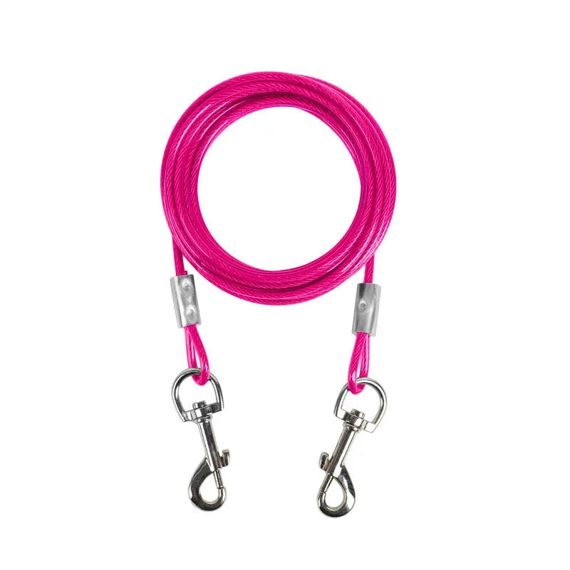 Double headed steel wire dog leash in blue with rope handle for walking two dogs