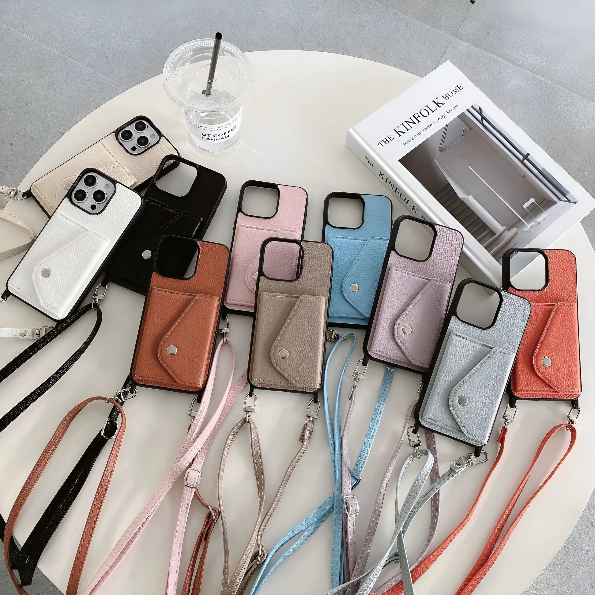 Lychee pattern imitation leather phone case with crossbody strap and triangle card holder for iPhone 14