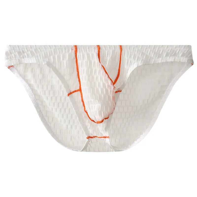 Men's ice silk lace low waist briefs in solid colours on a white background