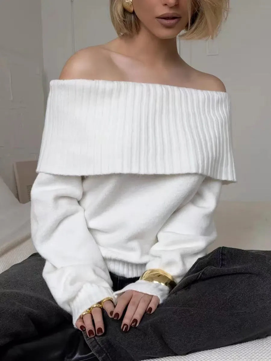 Gray off-the-shoulder strapless sweater with 3D pattern texture and regular sleeves