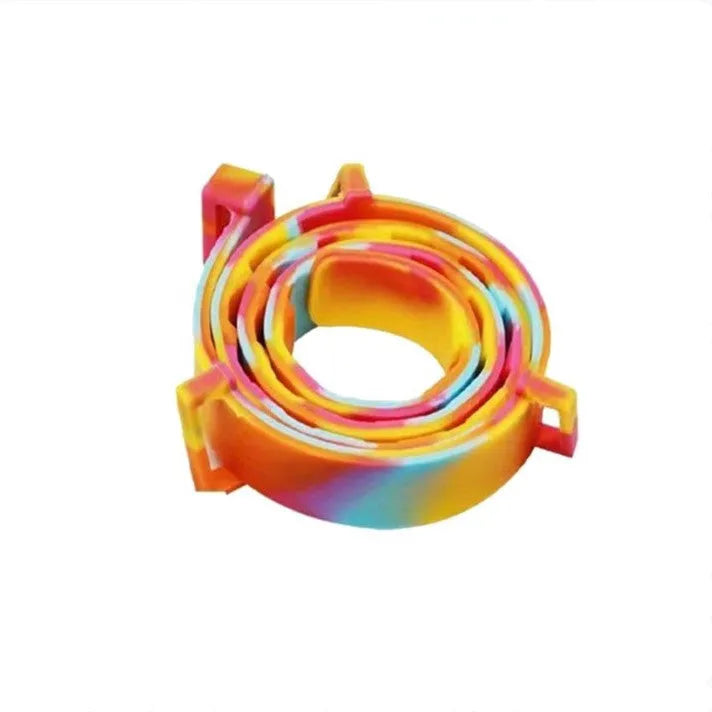 Rainbow coloured plastic flea collar for pets showing cat and dog size options.