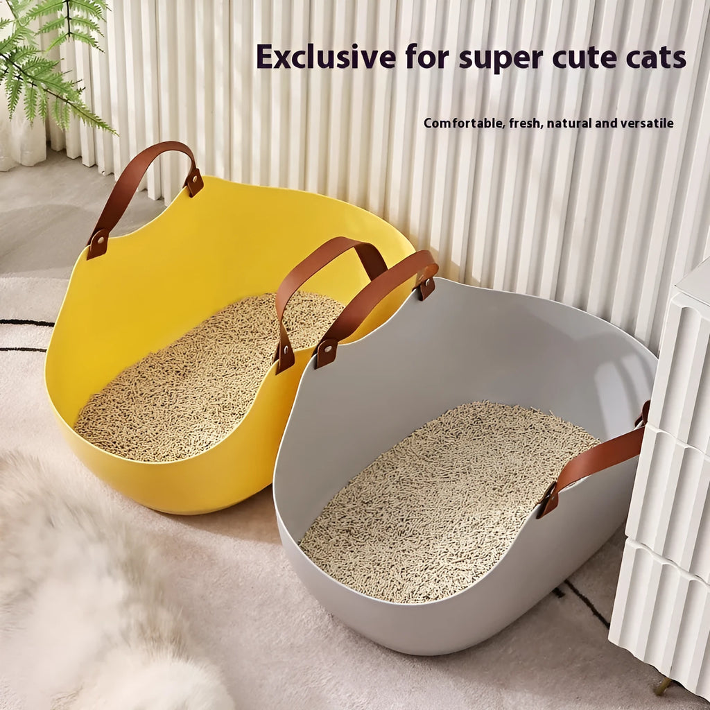 Portable PE open cat litter box in grey, size 51x36x24cm, placed on a flat surface.