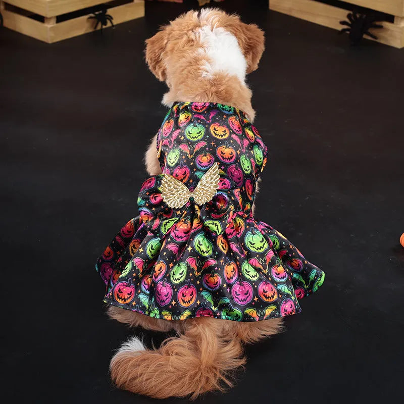 Angel wings Halloween dog costume in bright pumpkin or bat patterns available in four sizes
