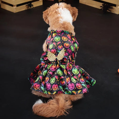 Angel wings Halloween dog costume in bright pumpkin or bat patterns available in four sizes