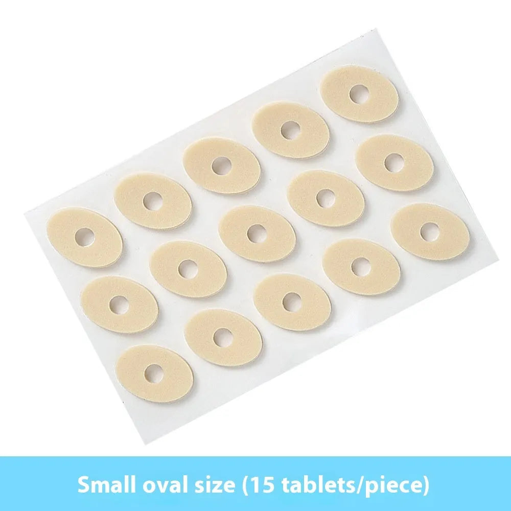 Pack of women's lightweight PU heel corn protector pads showing large oval, small oval, U-shaped, and circular section shapes.