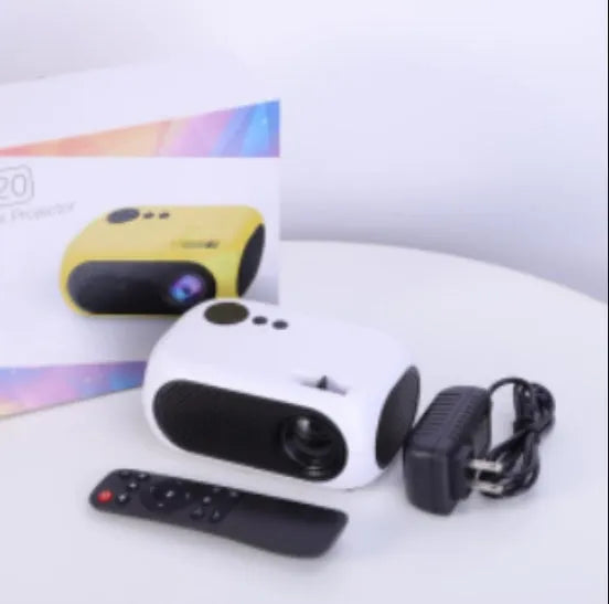 M24 micro mini projector in gold or white colour with power adapter and AV cable