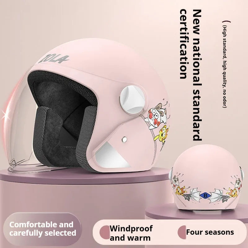 Adult electric bicycle helmet with attached winter scarf and anti-fog visor in blue colour