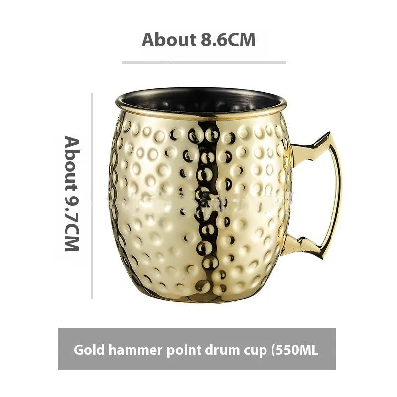 Stainless steel Moscow Mule cup with copper plating in a choice of colours and hammered or smooth finish.