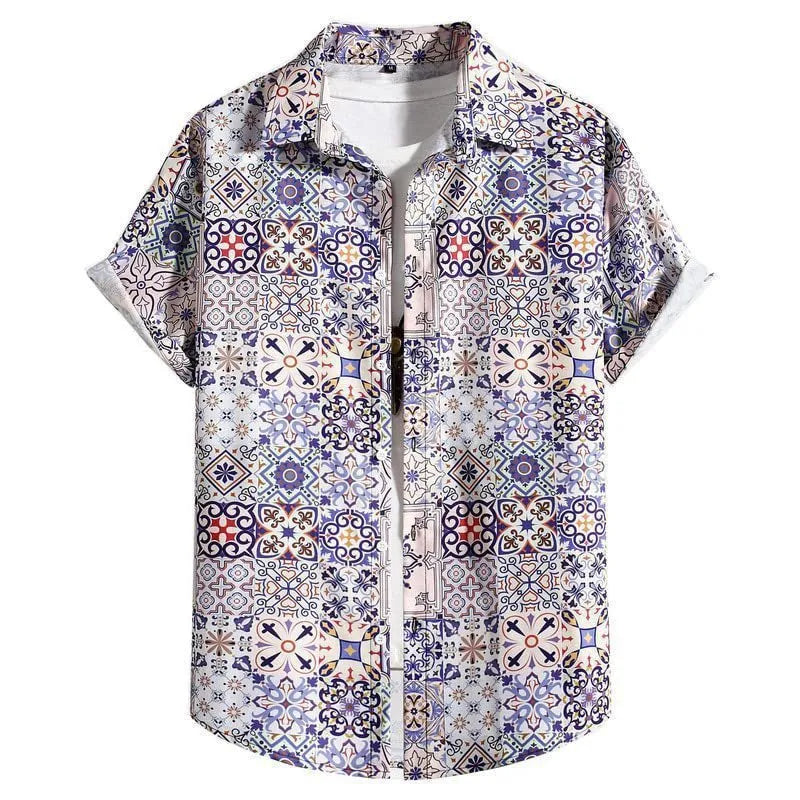 Men's slim fit Hawaiian short sleeve shirt in a cardigan style with digital print pattern.