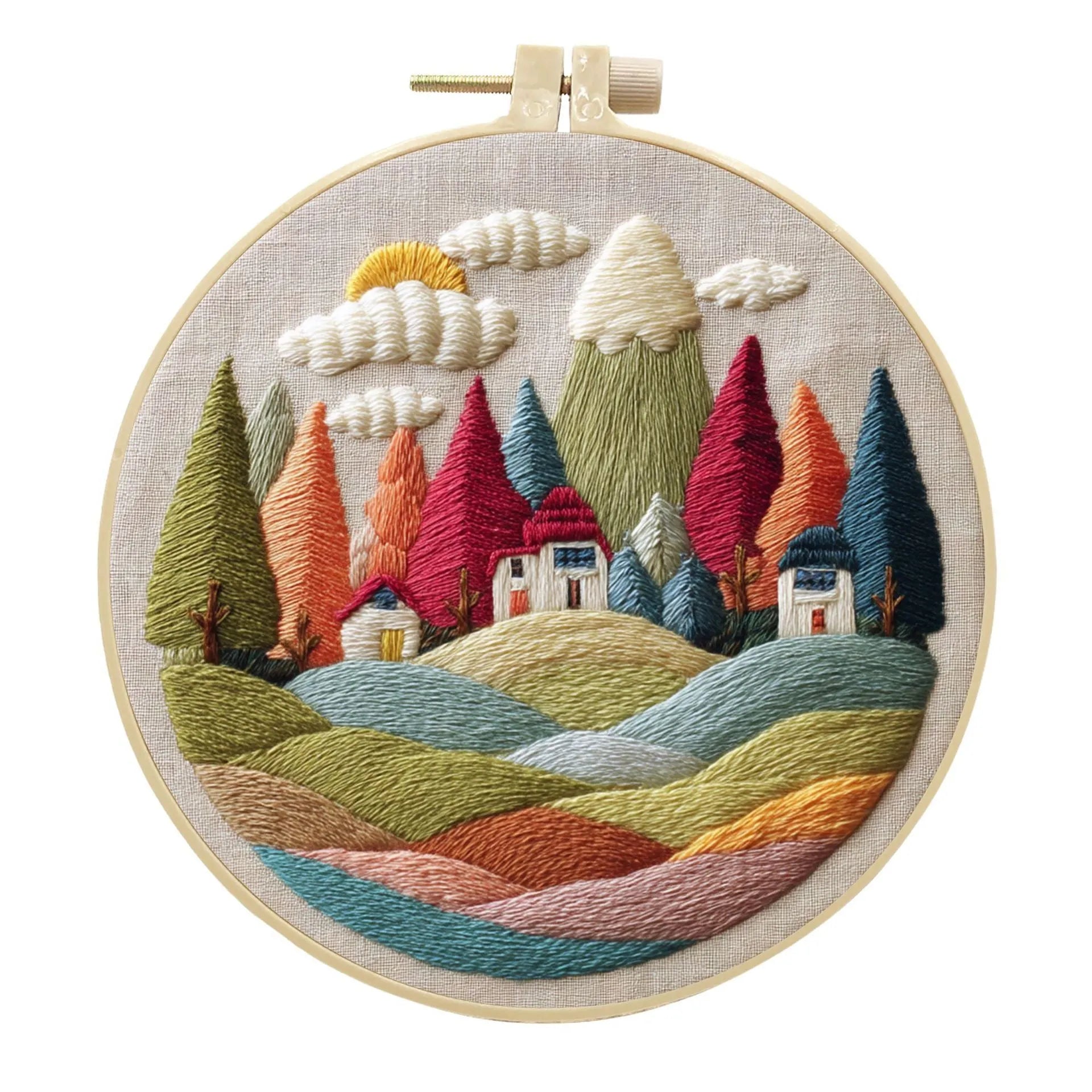 Embroidery DIY kit with printed landscape fabric, embroidery threads, needles, and frame for handmade cloth art