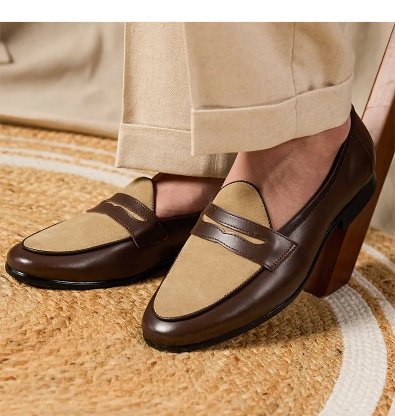 Men's coffee grey suede leather loafers in British style with a slip-on design