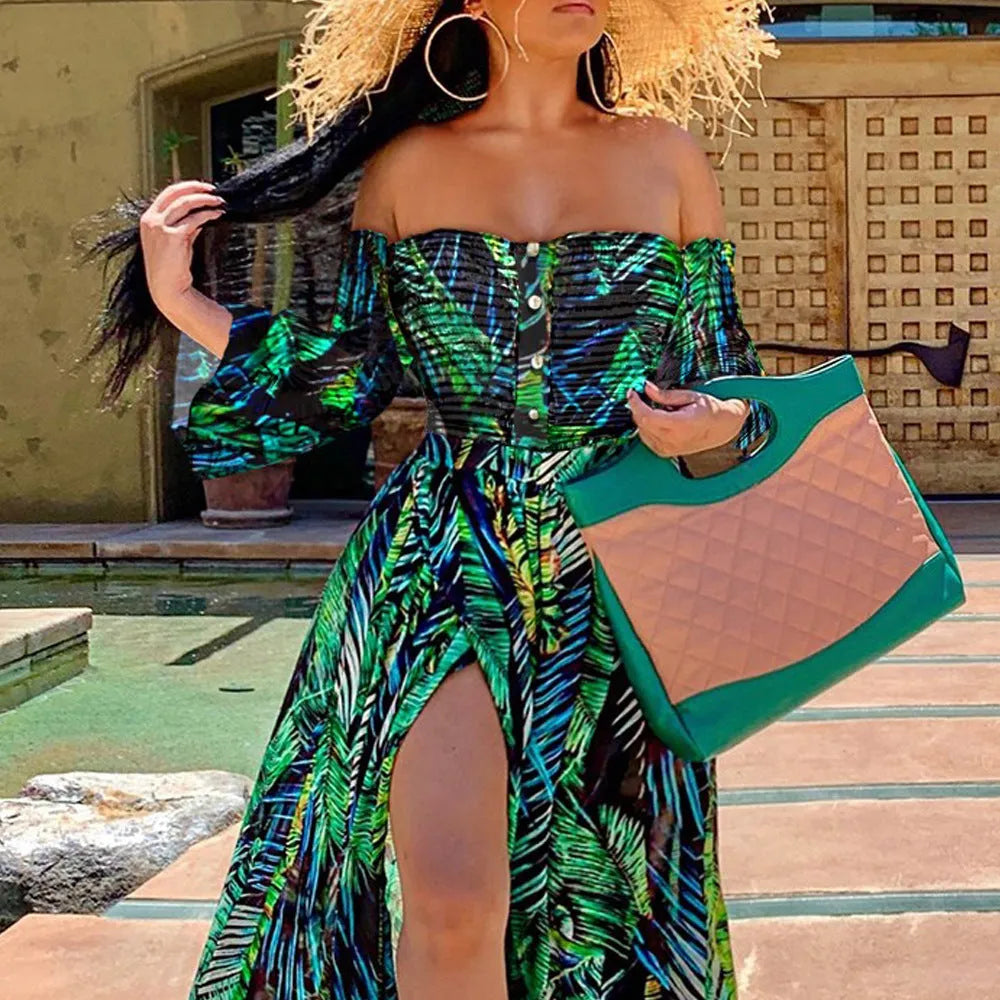 Green polyester mop dress for women with long lantern sleeves, full-length flowing hem, and relaxed fit
