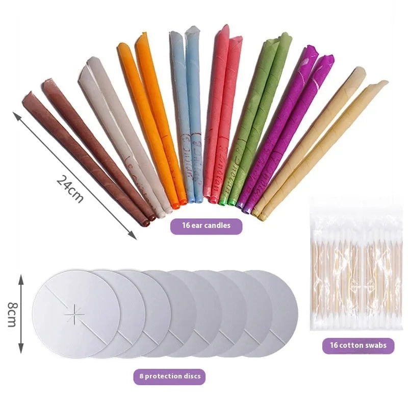 MQ Horn 16 piece ear candle set with protection boards and cotton swabs in assorted colours