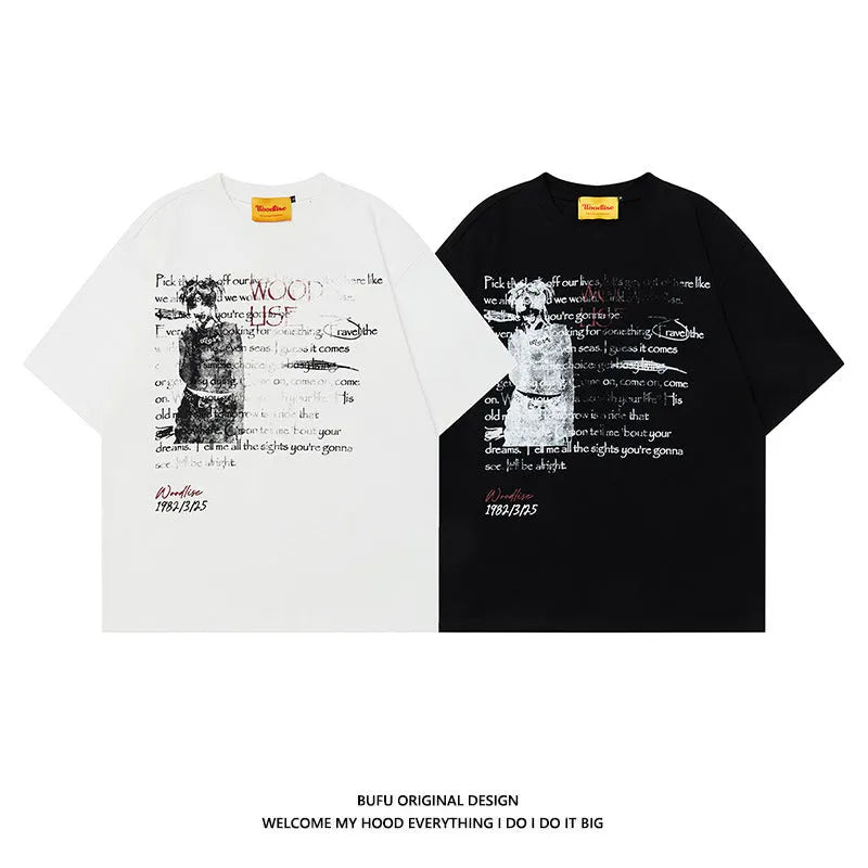 Men's black pure cotton loose retro T-shirt with white letter print and raglan sleeves