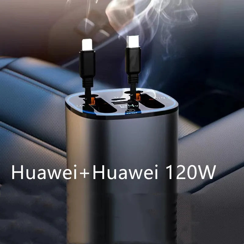 120W universal car charger with cigarette lighter plug and USB ports for fast charging Apple and Huawei devices