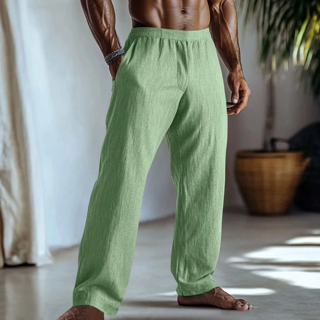 Men's straight-leg casual trousers in a cotton linen blend, shown in a solid colour with side pockets visible.