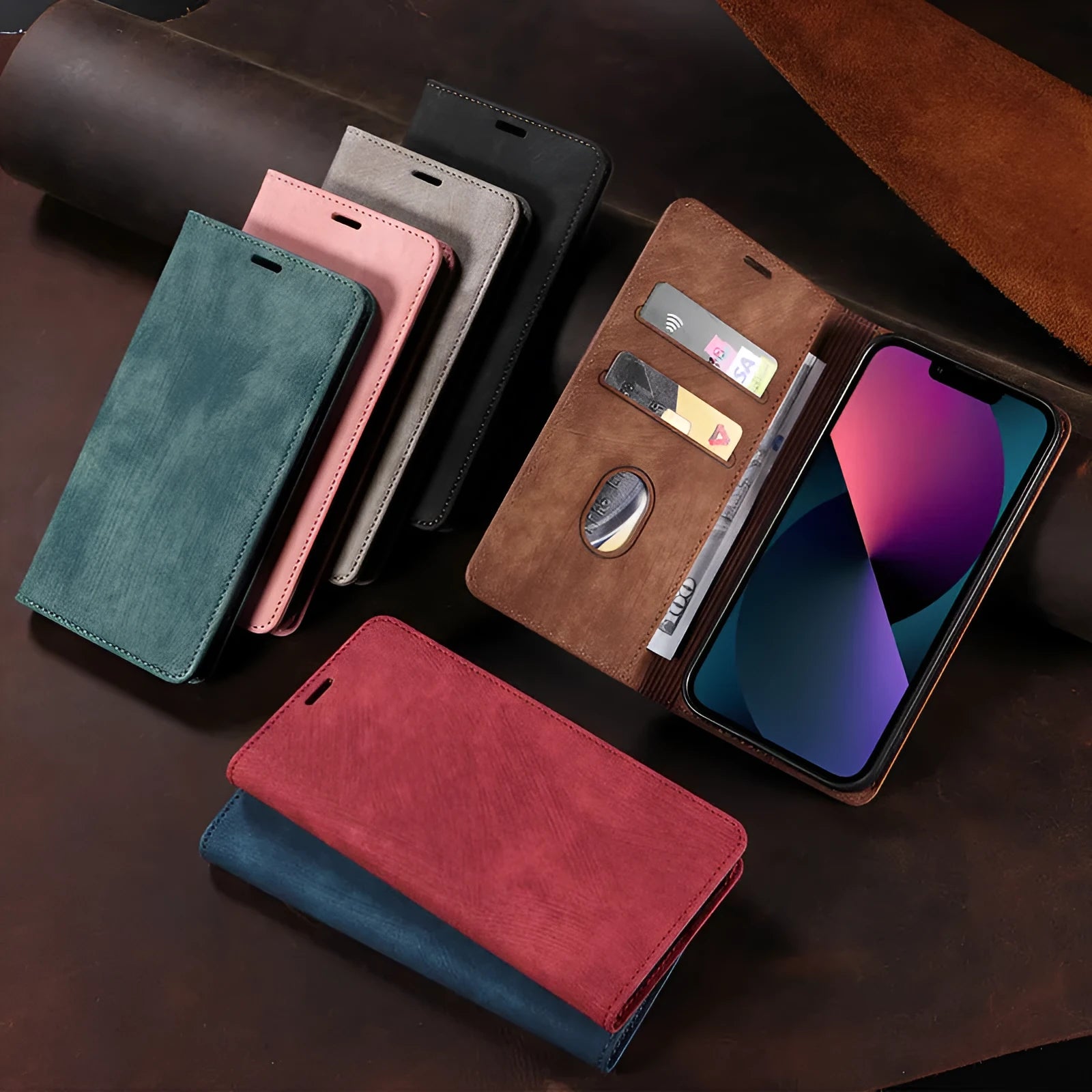 Magnetic flip phone case in solid colour for iPhone, showing TPU frame and leather cover.