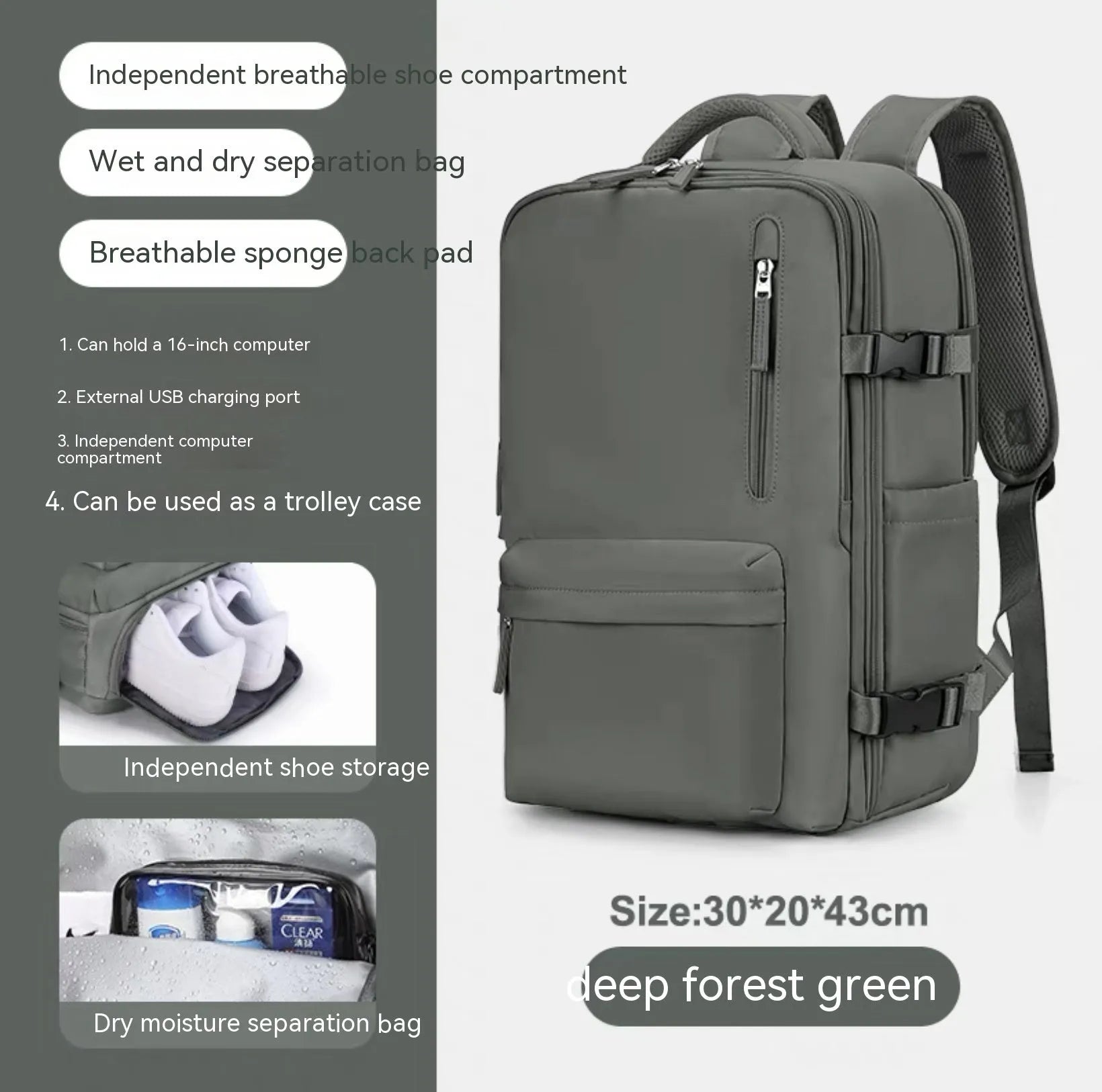 Large black nylon mummy-style travel backpack with a waterproof lining.