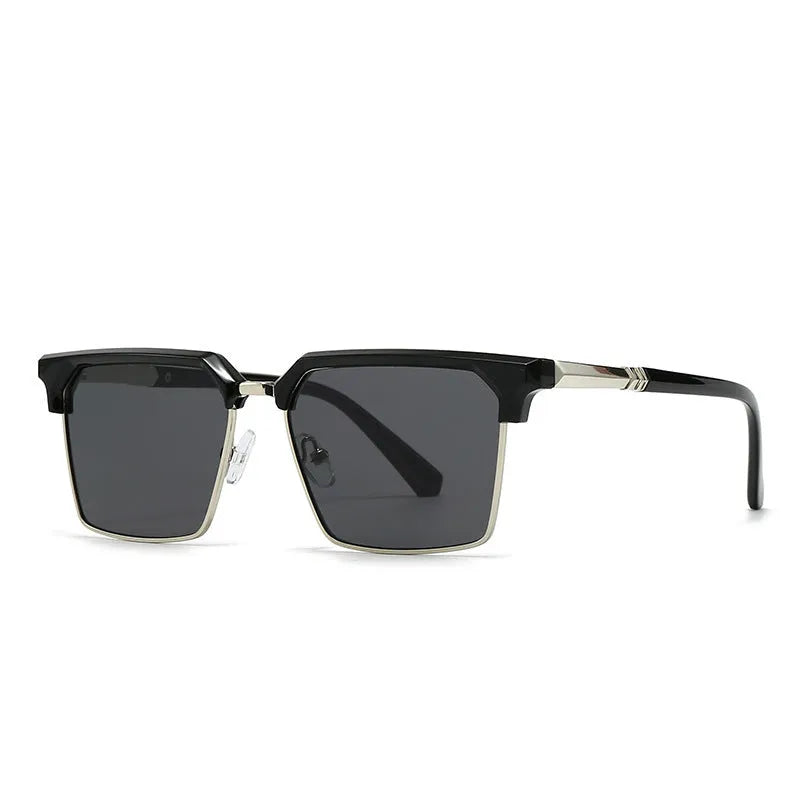 Men's square plastic sunglasses in box style showing multiple colour options on a grey background.