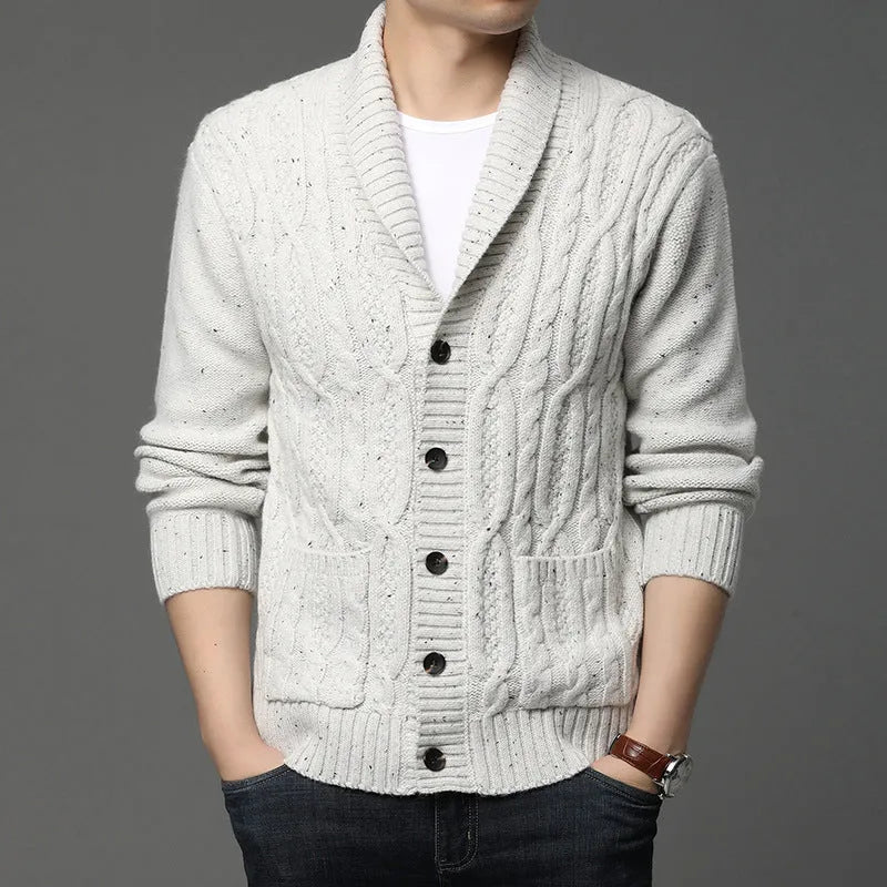 Men's Korean style jacquard knitted cardigan jacket in dark grey