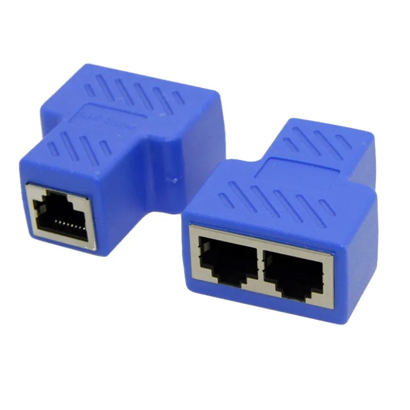 White RJ45 network cable tee splitter adapter on a dark background