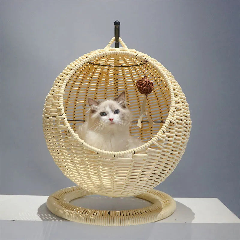 Rattan cat nest hanging basket semi-closed large size natural colour woven from PP rattan and seaweed