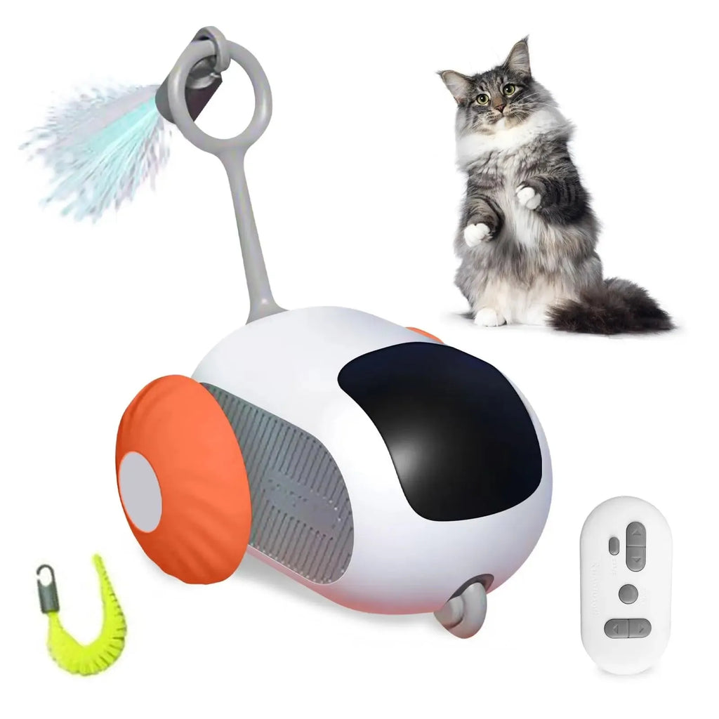 Smart cat toy car with feather teaser in blue and orange colour options