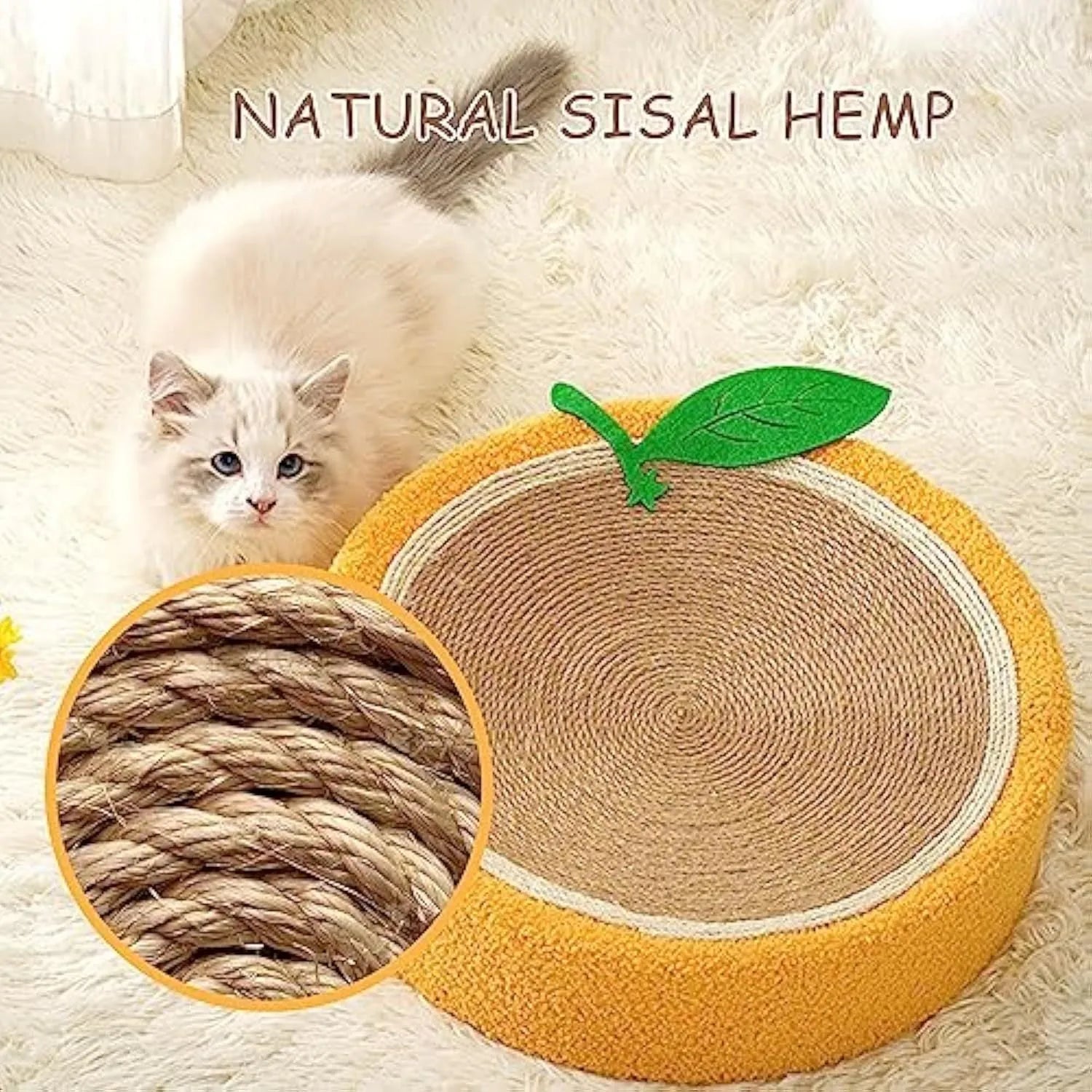 Yellow round sisal cat scratching board with a concave centre for use as a cat bed.