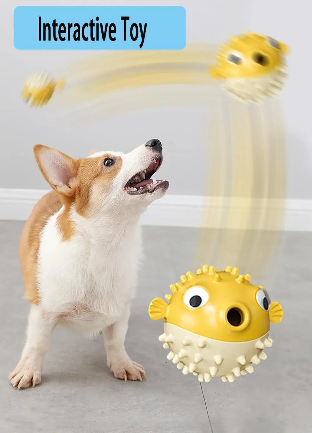 Fish-shaped interactive dog toy with treat dispensing opening and textured surface for medium and large dogs
