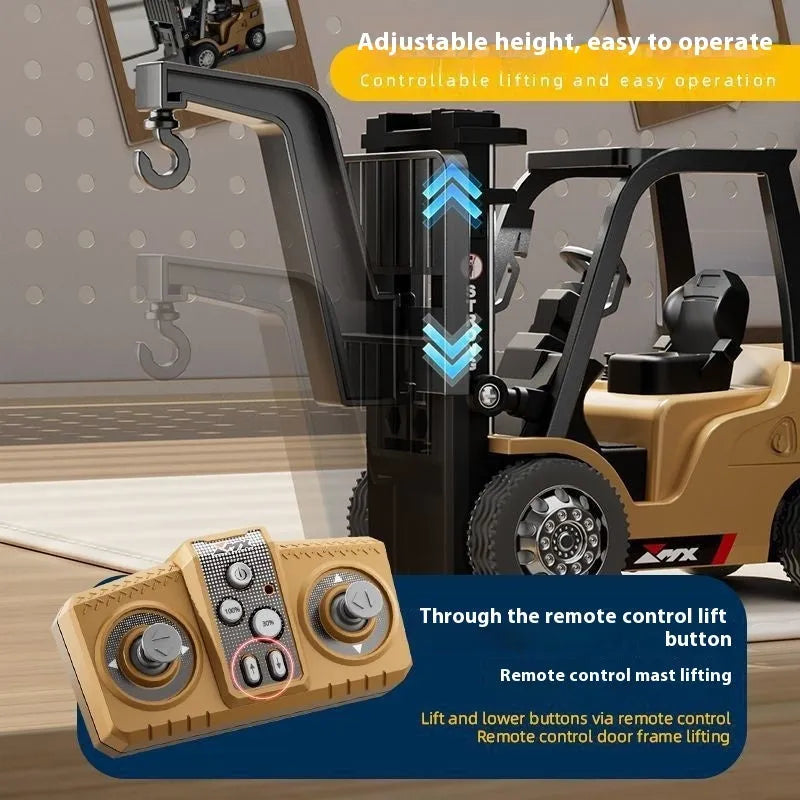 1:64 scale blue alloy remote control forklift toy with cargo hook and pallet on a table.