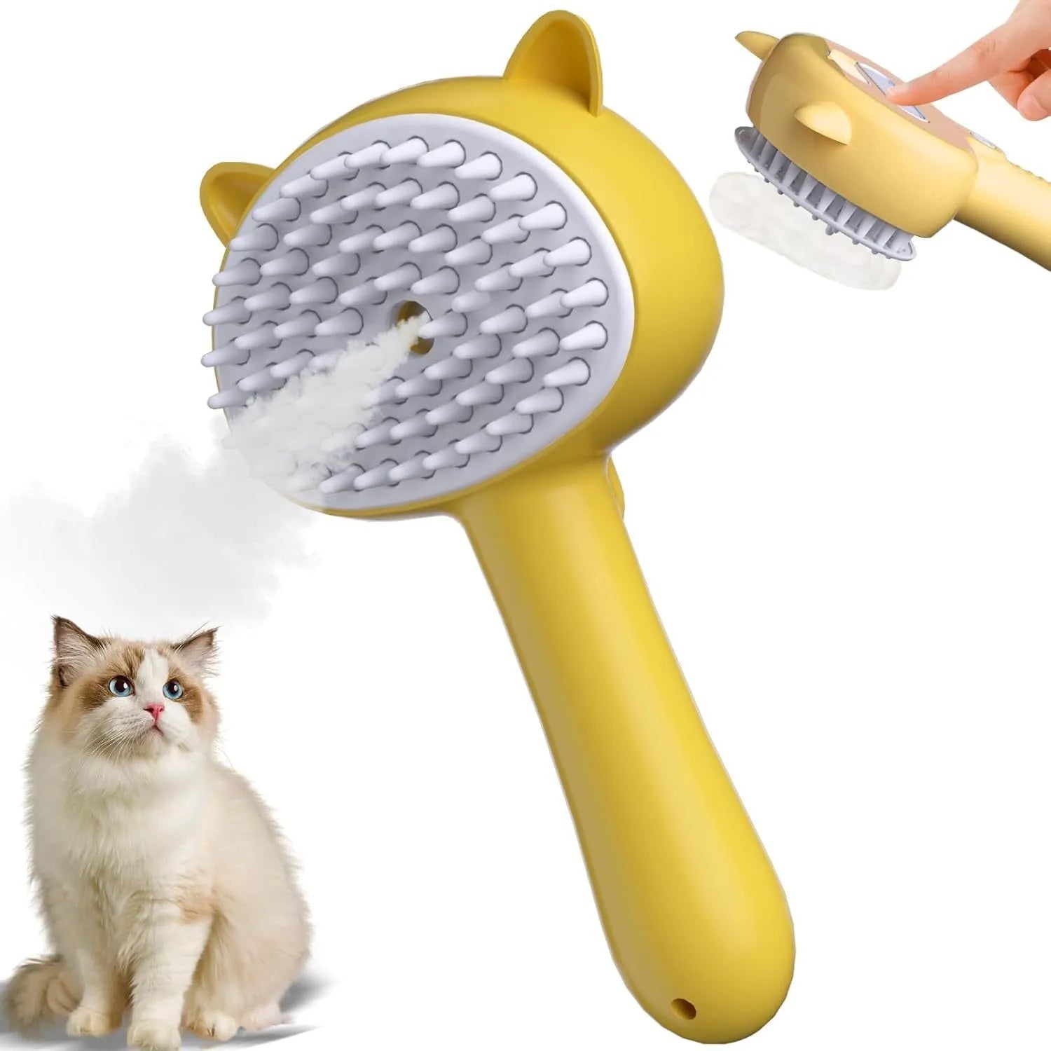 Blue cat-ear shaped steam brush for pet grooming with rubber bristles and a release button.