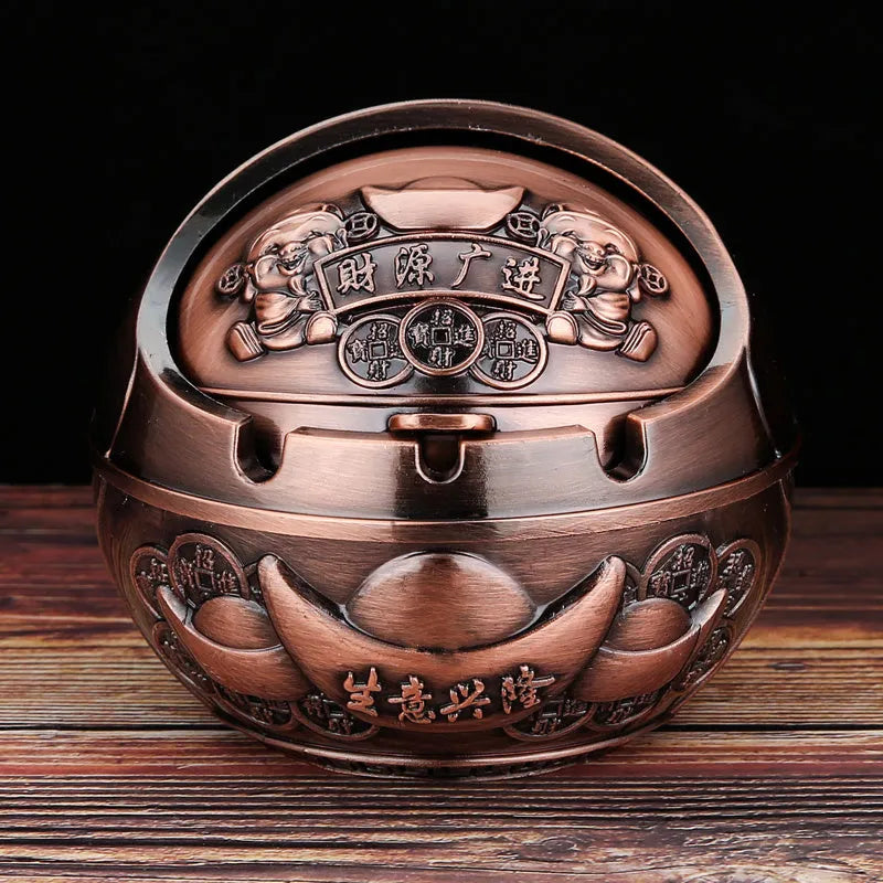 Alloy ashtray with smoke extinguishing slot in bronze finish featuring decorative dragon and phoenix design