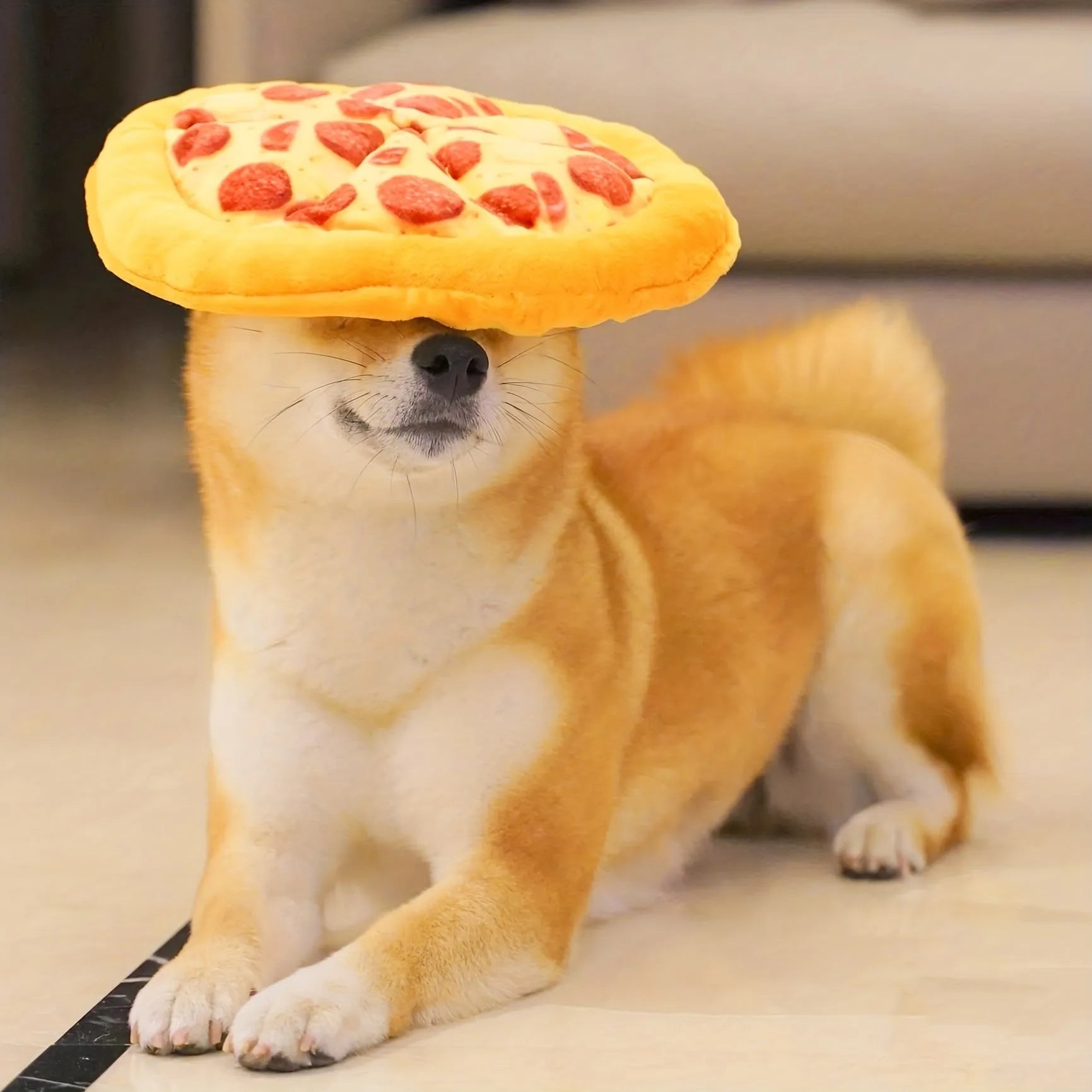 Yellow pizza slice shaped dog chew toy with textured pepperoni and crust details