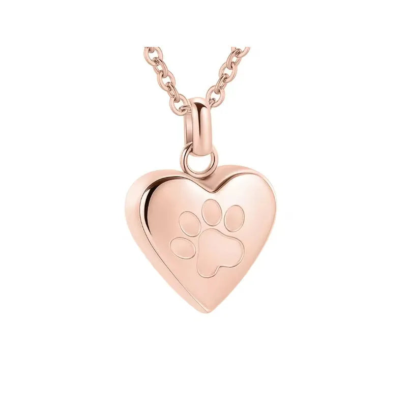 Simple titanium steel heart pendant necklace with love paw print, shown in different colours.