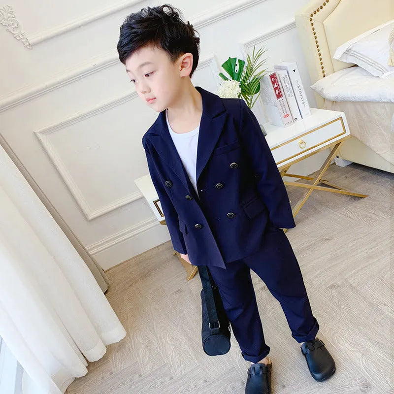 Boys two-piece suit set with long sleeve shirt and trousers in light blue, size 100cm