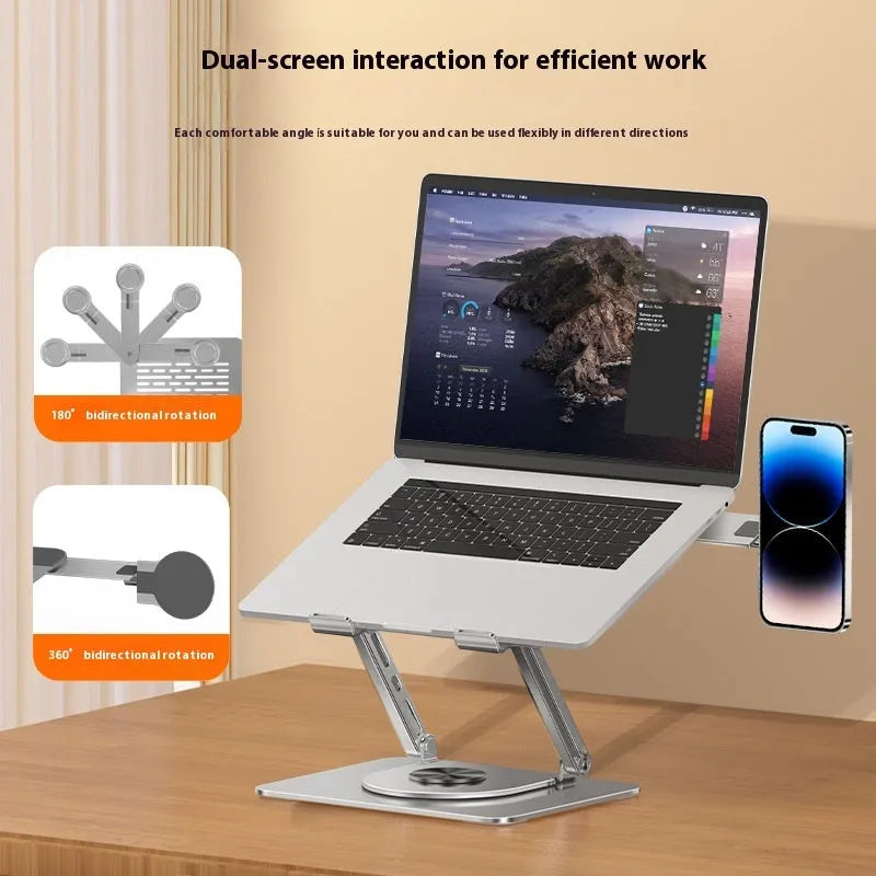 Silver carbon steel laptop stand with side-mounted rotatable magnetic phone holder