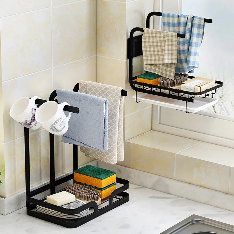Foldable kitchen storage rack for draining rags with wall or tabletop mounting options