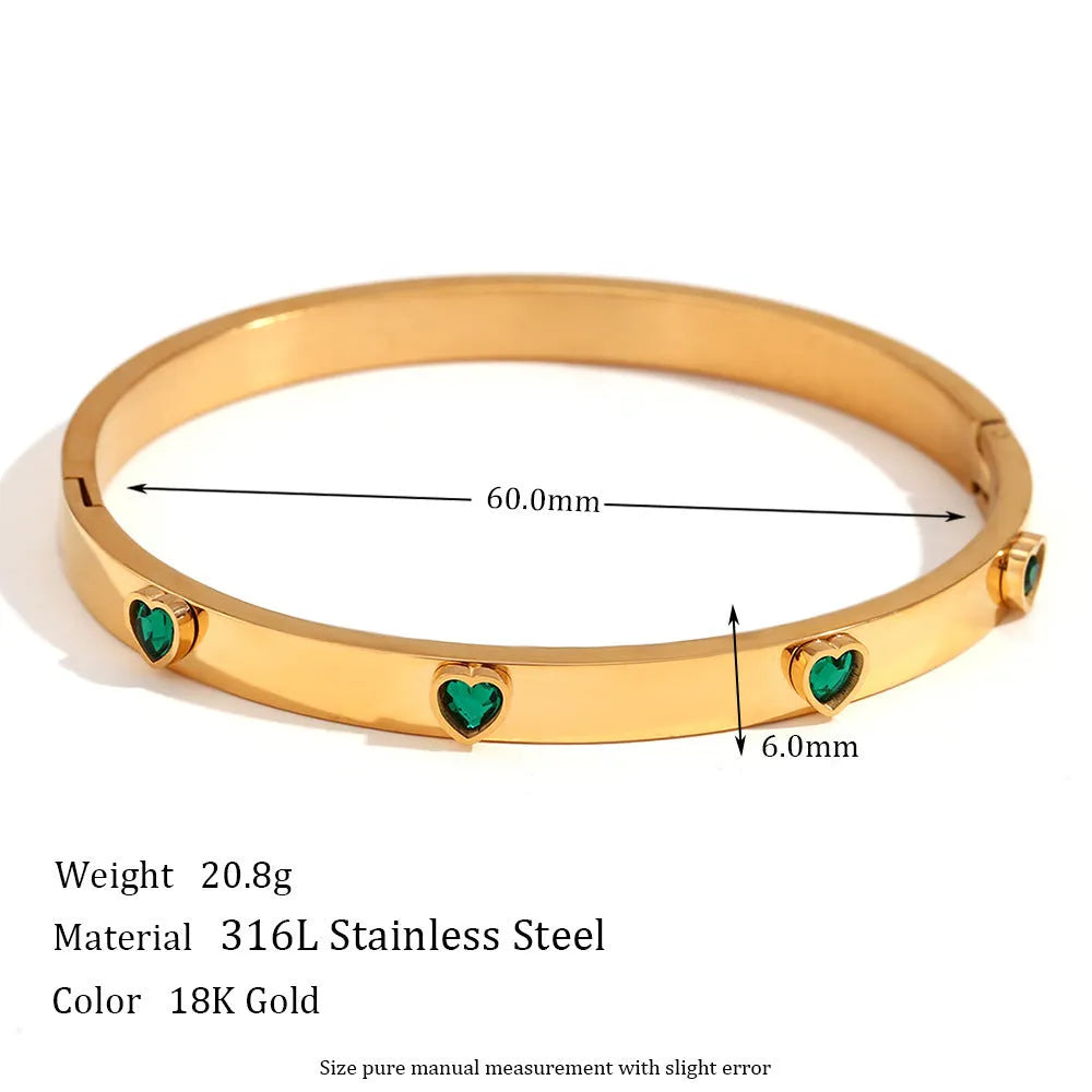 Stainless steel micro-inlaid peach heart bracelet in golden-lvzuan or golden-white diamond finish