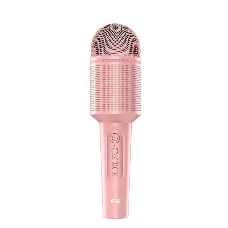 Wireless Bluetooth karaoke microphone with USB recording in pink, blue, or green colour
