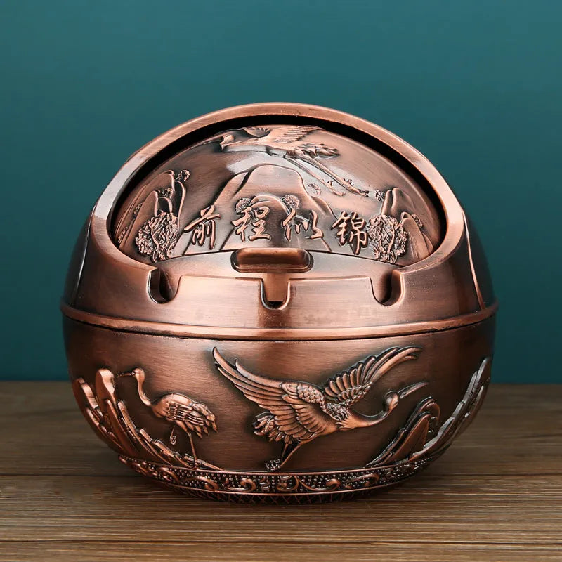 Alloy ashtray with smoke extinguishing slot in bronze finish featuring decorative dragon and phoenix design