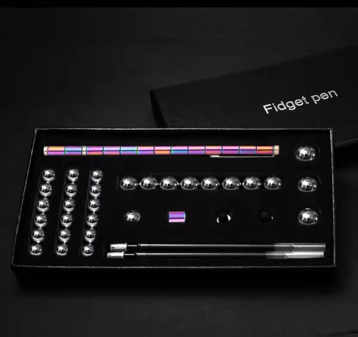 Magnetic modular pen with 13 rings, 12 steel balls, 3 refills, and capacitive head in silver iron box