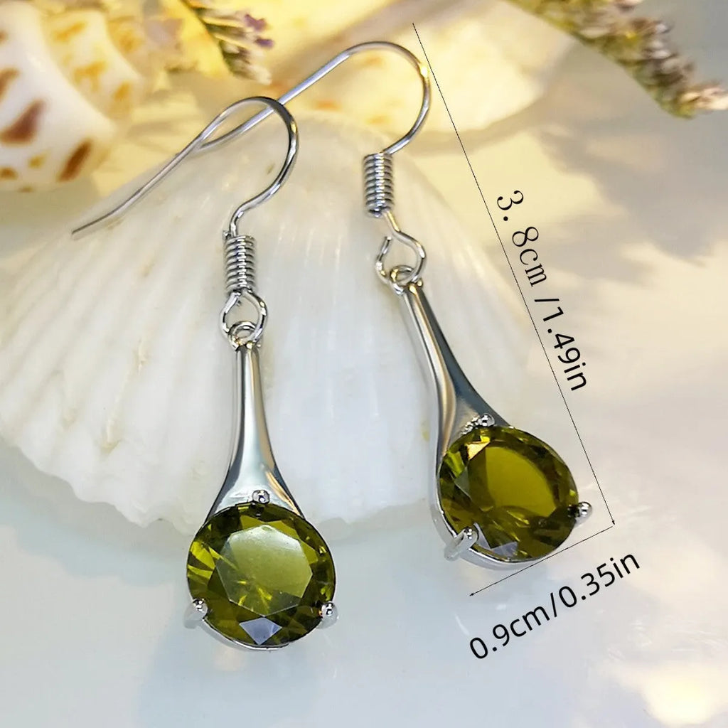 Olive green topaz water drop shaped earrings with retro design and electroplated alloy construction