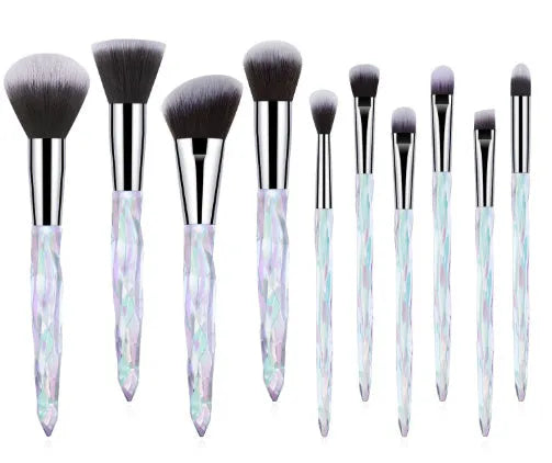 10 crystal handled foundation brushes with synthetic bristles in black blue red yellow colours