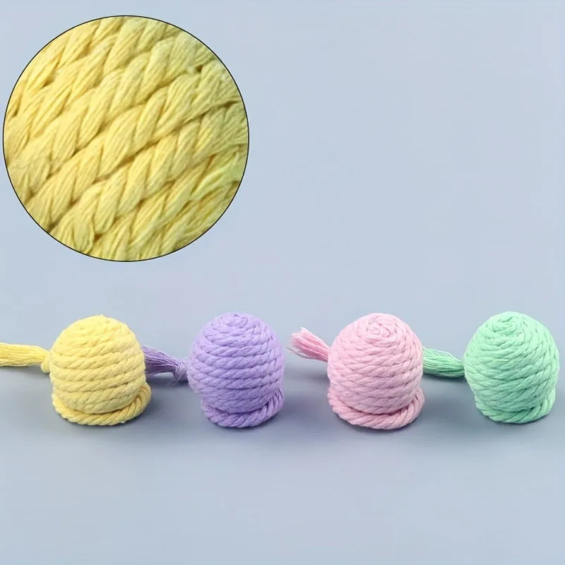 Colourful cat toy ball with rope handle and internal bell in 6cm or 3cm sizes