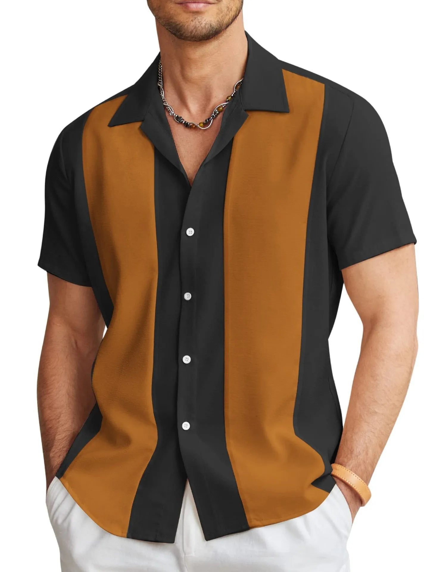 Men's slim fit Hawaiian shirt with short sleeves and digital printed pattern in cardigan style